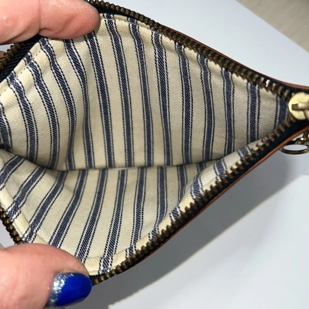 Coach British Tan Leather 7.25” x 3.75” Zip Top Stripe Cotton Lined Clutch Bag